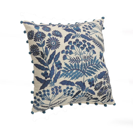 20" White And Blue Floral Cotton Throw Pillow Cover
