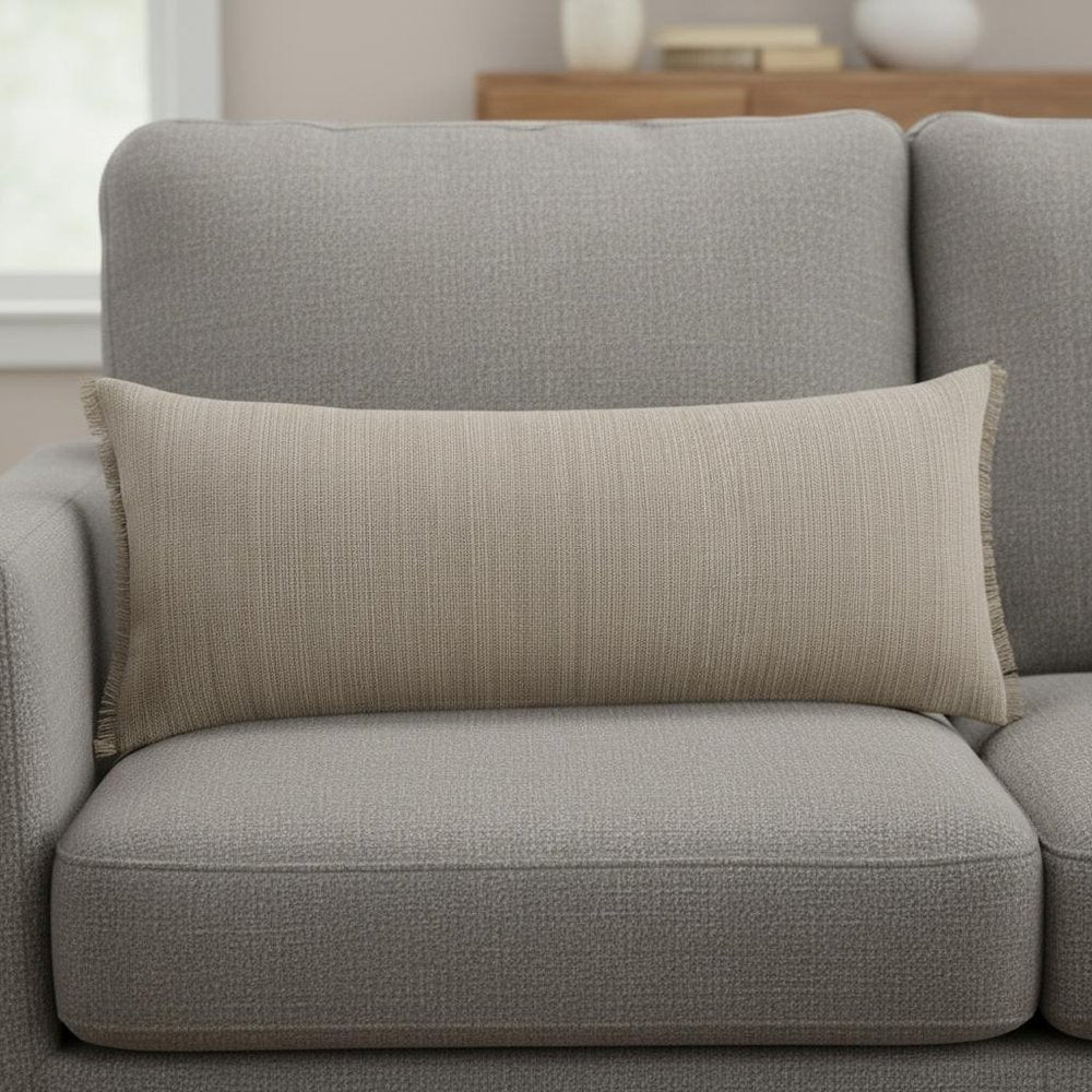 14" X 36" Beige And Gray Lumbar Linen Blend Throw Pillow Cover