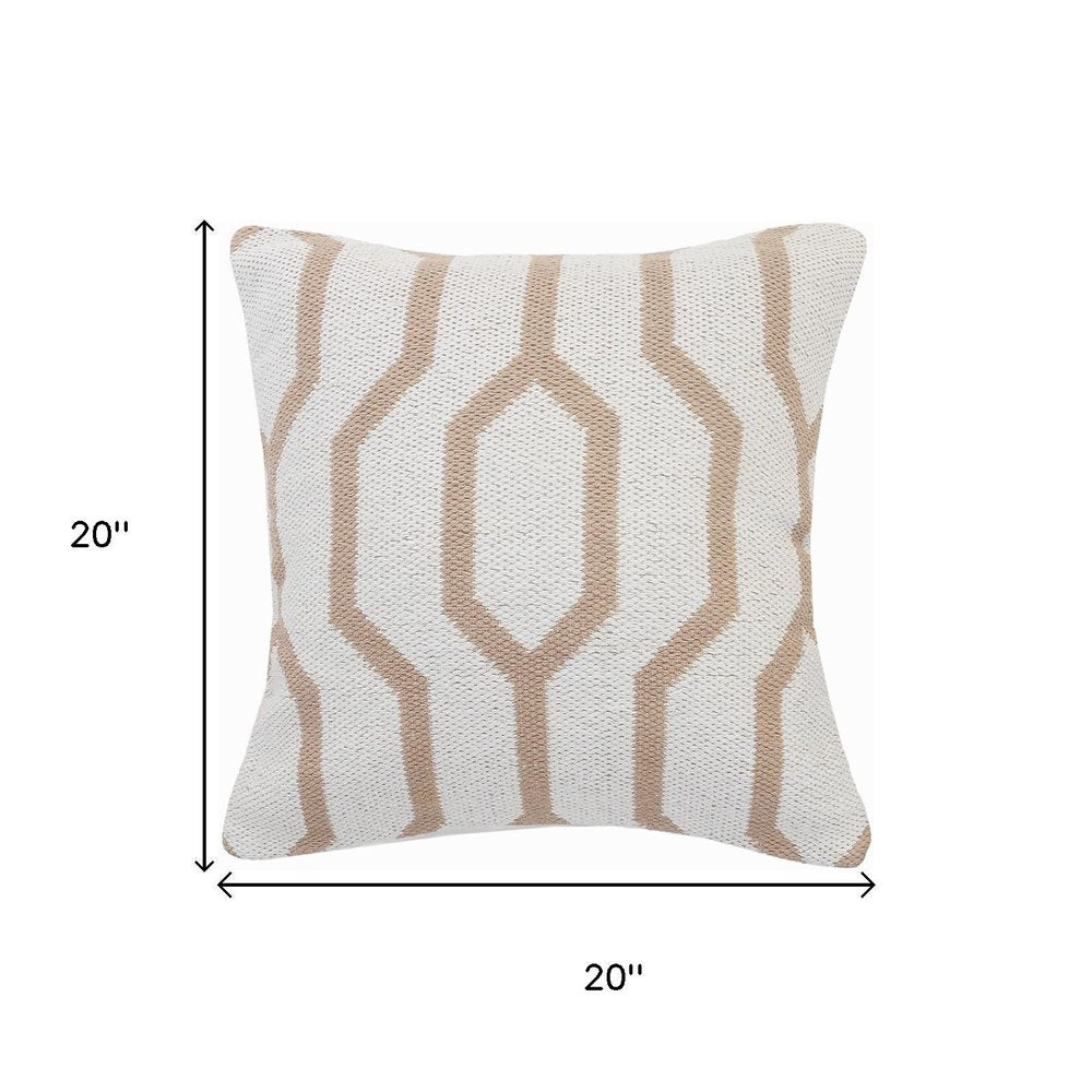 20" White And Tan Geometric Cotton Throw Pillow Cover