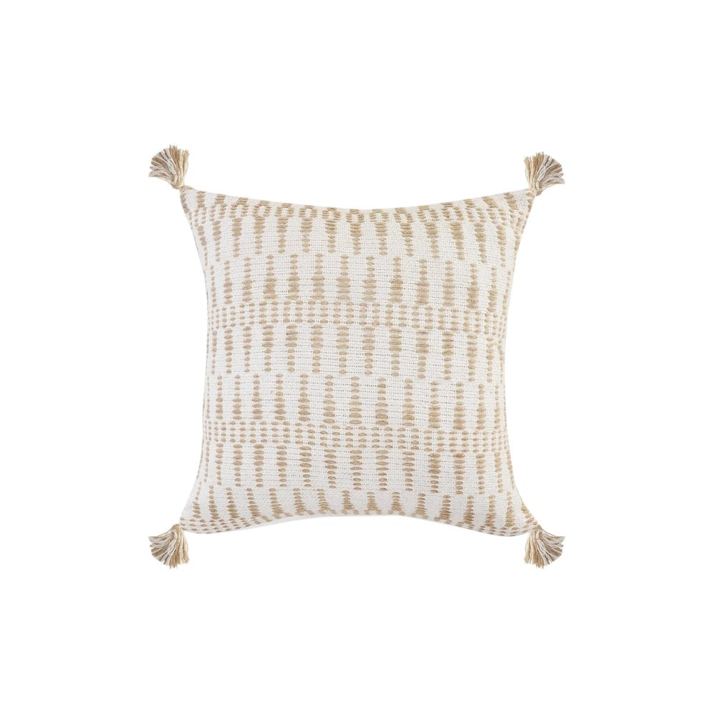 20" Beige And White Geometric Cotton Blend Throw Pillow Cover with Tassels And Texture
