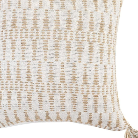 20" Beige And White Geometric Cotton Blend Throw Pillow Cover with Tassels And Texture