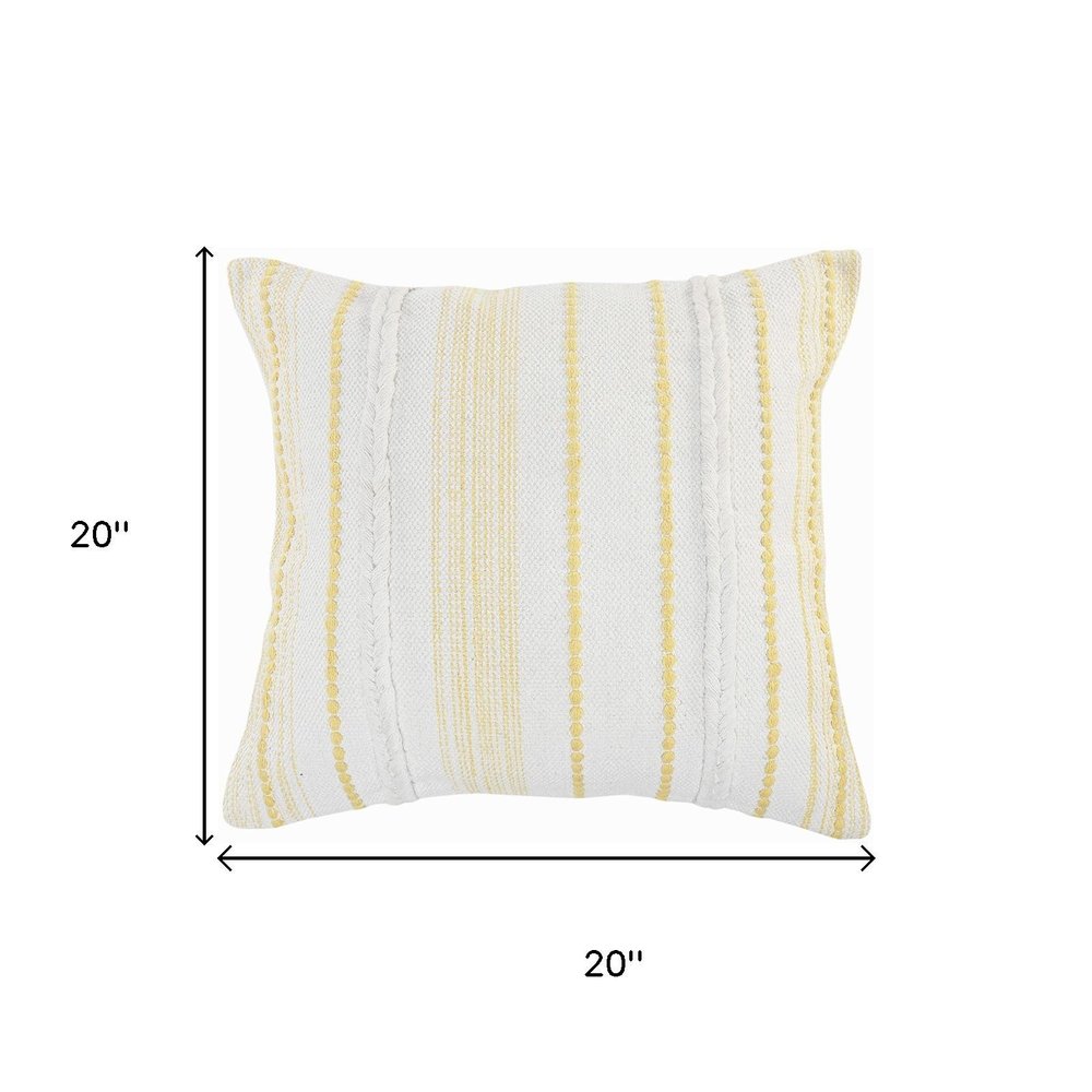 20" White And Yellow Striped Cotton Throw Pillow Cover