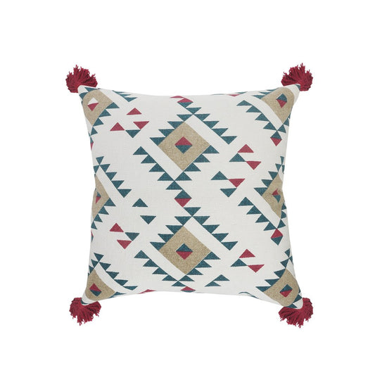 20" Off White Maroon And Teal Blue Geometric Cotton Throw Pillow Cover with Tassels