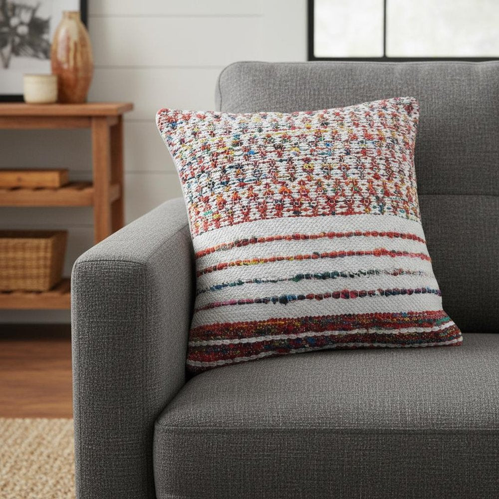 20" White And Red Striped Polyester Blend Throw Pillow Cover