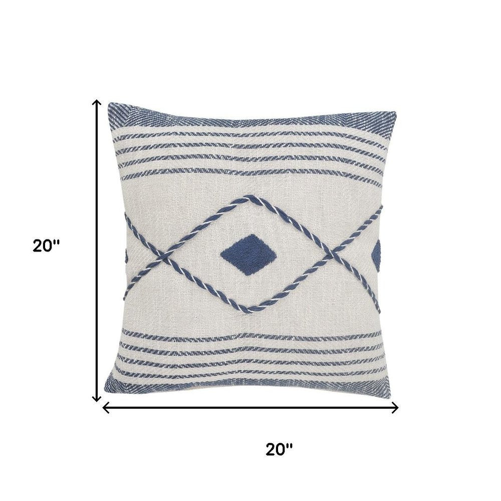 20" Blue And White Beach Geometric Cotton Throw Pillow Cover