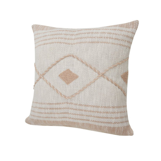 20" Cream And Tan Beach Geometric Cotton Throw Pillow Cover with Embroidery