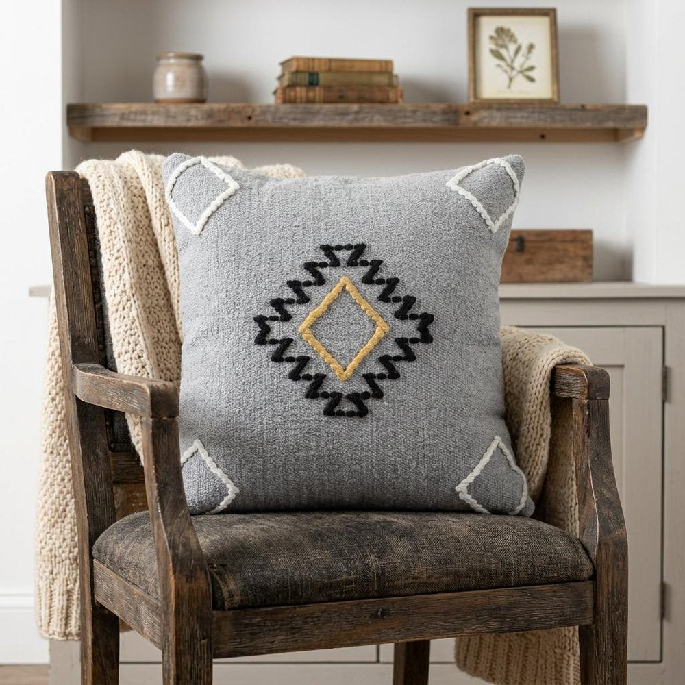20" Gray And Yellow Geometric Cotton Blend Throw Pillow Cover with Embroidery And Texture