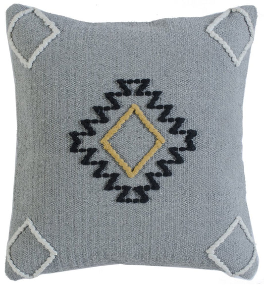 20" Gray And Yellow Geometric Cotton Blend Throw Pillow Cover with Embroidery And Texture