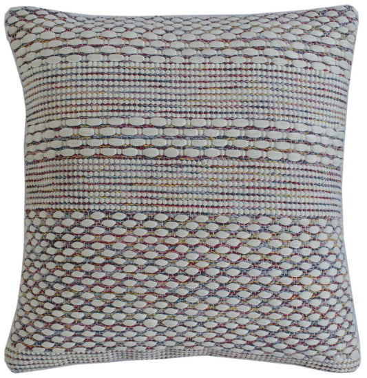 20" Cream Blue And Red Striped Cotton Blend Throw Pillow Cover