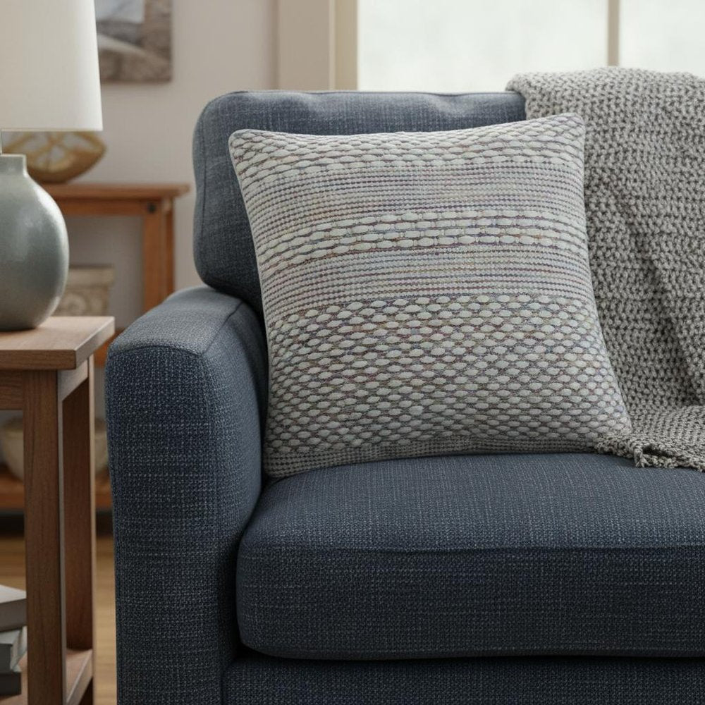 20" Cream Blue And Red Striped Cotton Blend Throw Pillow Cover