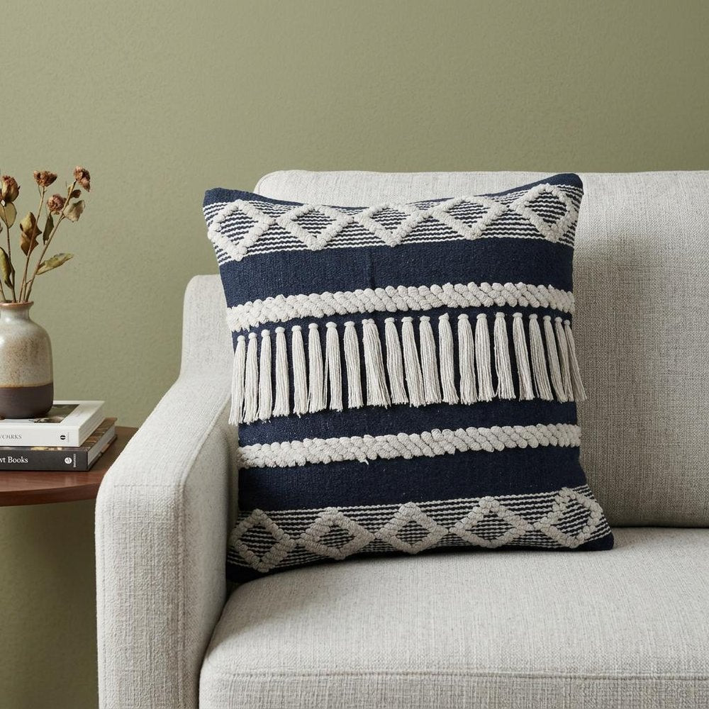 20" Blue And White Striped Cotton Blend Throw Pillow Cover with Embroidery And Texture