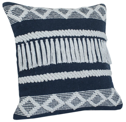 20" Blue And White Striped Cotton Blend Throw Pillow Cover with Embroidery And Texture