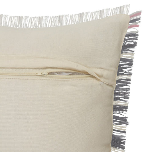 20" Gray And Pink Striped Cotton Throw Pillow Cover with Fringe