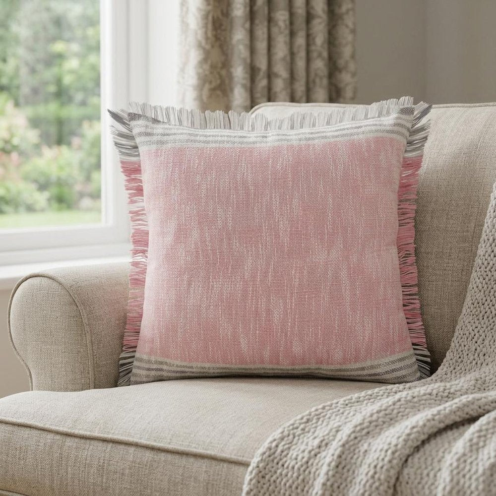 20" Pink And Gray Color Block Cotton Throw Pillow Cover with Fringe