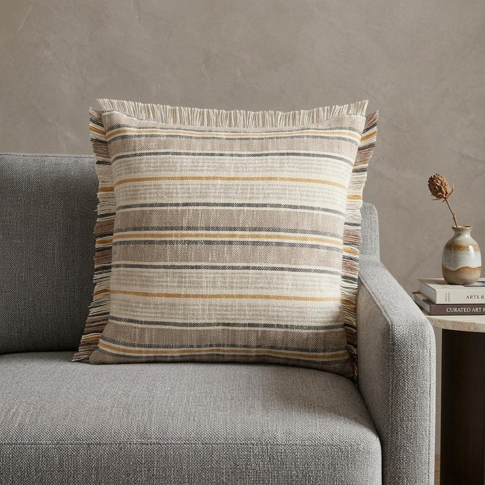 20" White And Tan Striped Cotton Throw Pillow Cover with Fringe