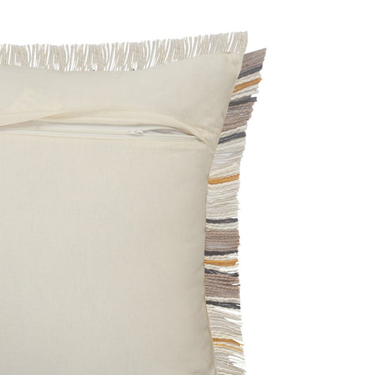 20" White And Tan Striped Cotton Throw Pillow Cover with Fringe