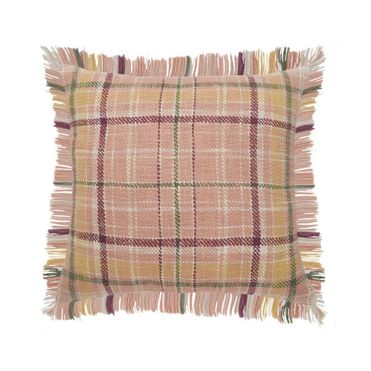 20" Pink Yellow And Sage Plaid Cotton Throw Pillow Cover with Fringe
