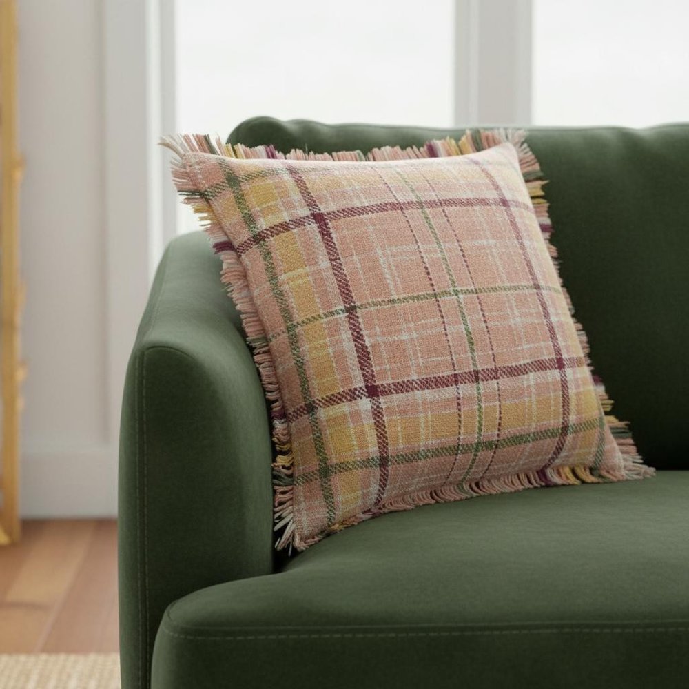 20" Pink Yellow And Sage Plaid Cotton Throw Pillow Cover with Fringe