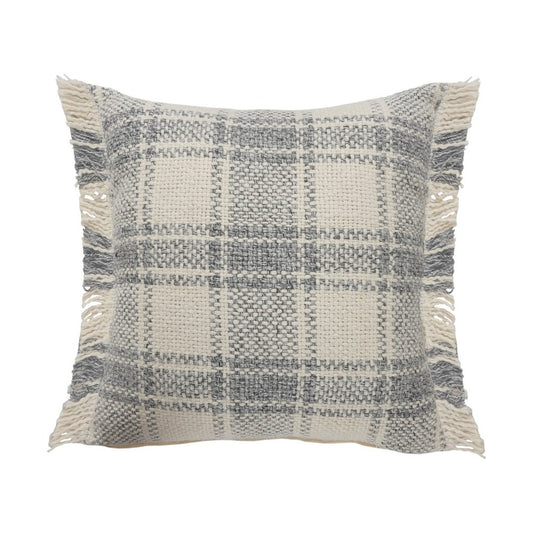 20" Gray And White Plaid Cotton Blend Throw Pillow Cover