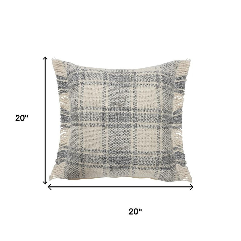 20" Gray And White Plaid Cotton Blend Throw Pillow Cover