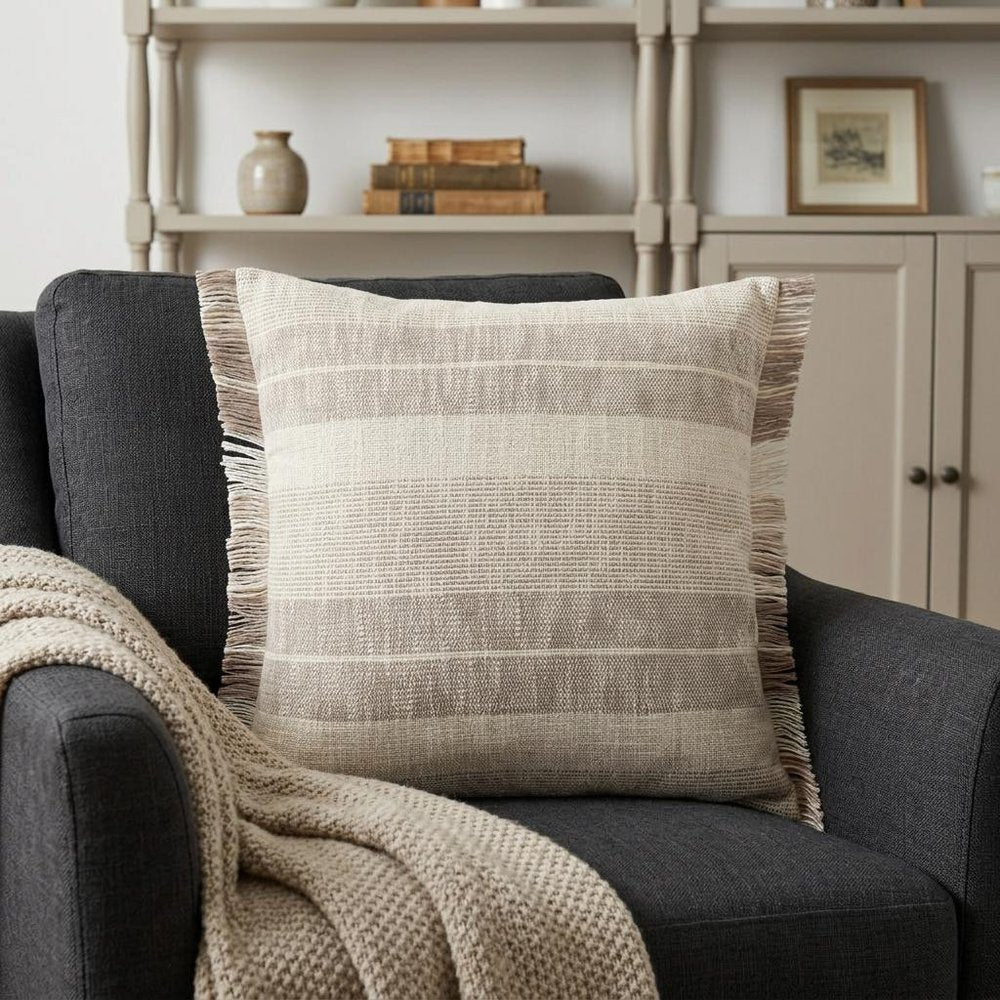 20" Beige And Ivory Striped Cotton Throw Pillow Cover with Fringe