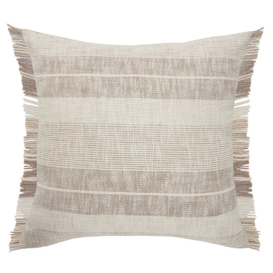 20" Beige And Ivory Striped Cotton Throw Pillow Cover with Fringe