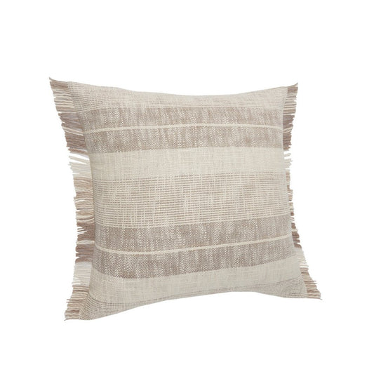 20" Beige And Ivory Striped Cotton Throw Pillow Cover with Fringe