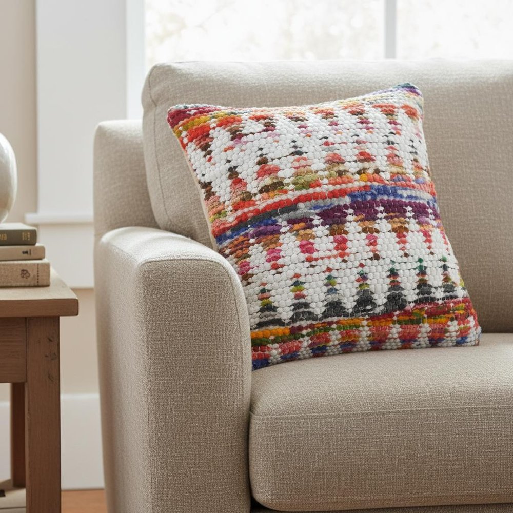 20" White Purple And Red Geometric Cotton Blend Throw Pillow Cover