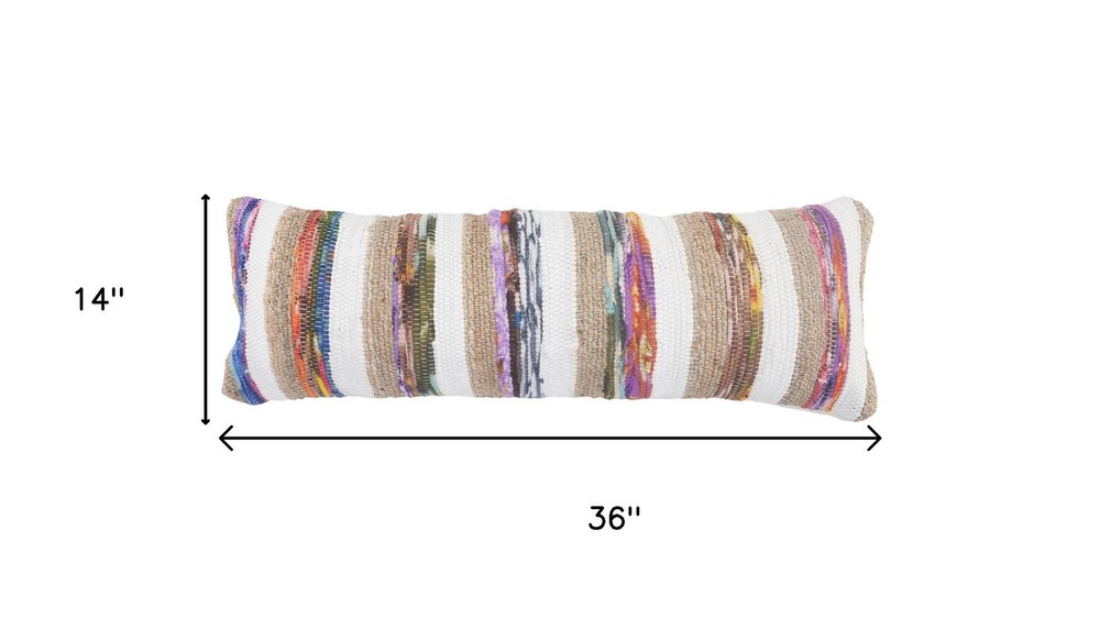 14" X 36" Tan White And Purple Lumbar Geometric Cotton Blend Throw Pillow Cover