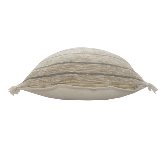 20" Tan And Gray Striped Cotton Blend Throw Pillow Cover with Fringe