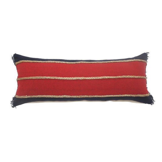 14" X 36" Tan And Navy Blue Lumbar Striped Cotton Blend Throw Pillow Cover with Fringe
