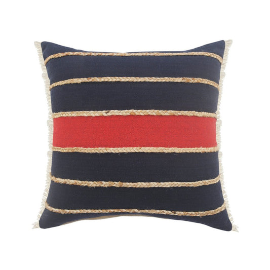 24" Tan And Navy Blue Striped Cotton Blend Throw Pillow Cover with Fringe