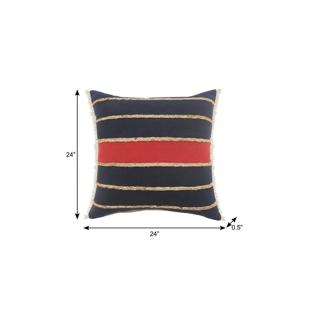 24" Tan And Navy Blue Striped Cotton Blend Throw Pillow Cover with Fringe