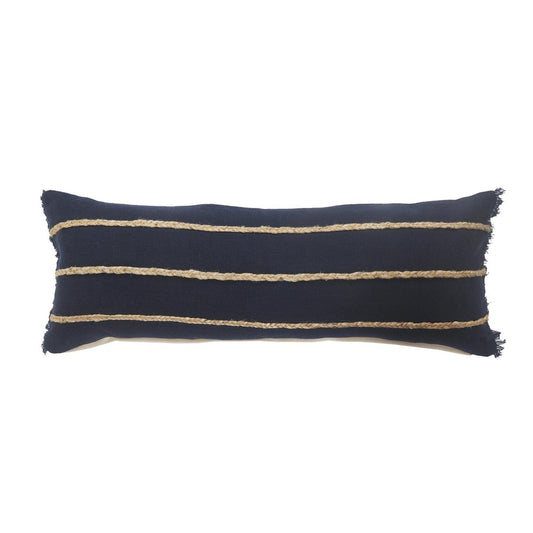 14" X 36" Blue And Brown Lumbar Beach Striped Cotton Blend Throw Pillow Cover with Fringe And Texture