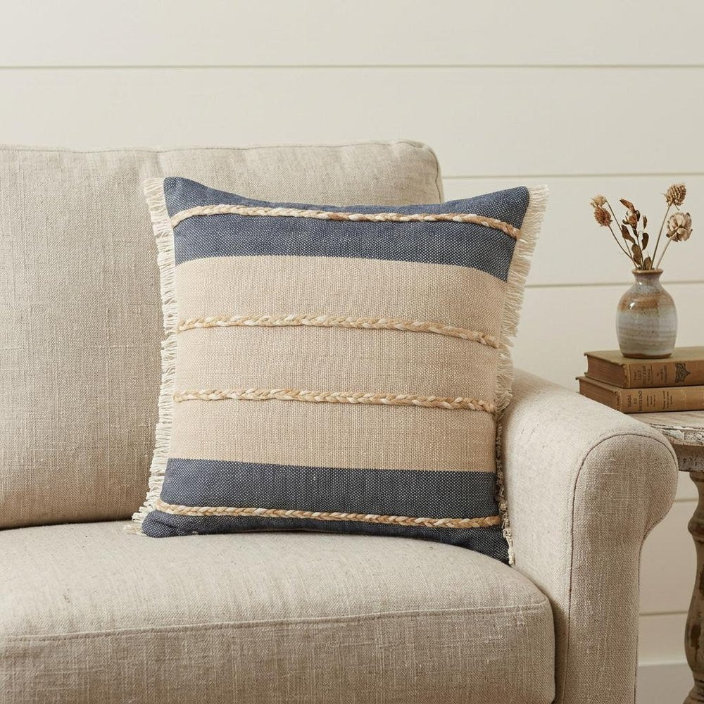 24" Beige And Blue Beach Striped Cotton Blend Throw Pillow Cover with Fringe And Texture
