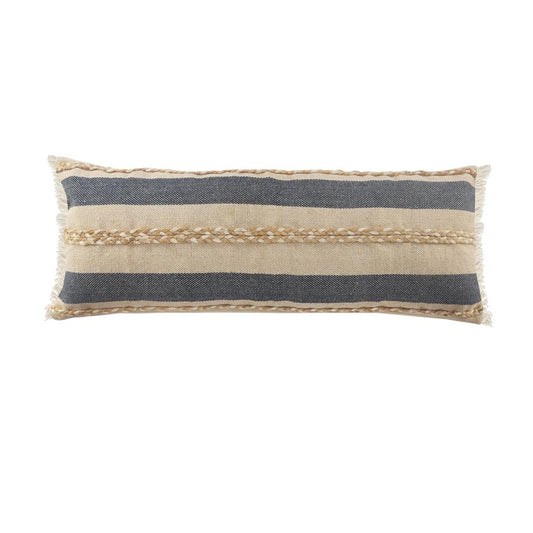 14" X 36" Beige And Blue Lumbar Beach Striped Cotton Blend Throw Pillow Cover with Fringe And Texture