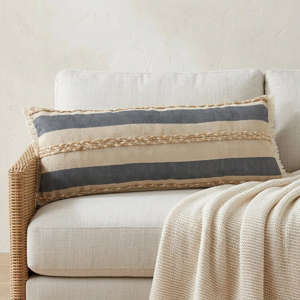 14" X 36" Beige And Blue Lumbar Beach Striped Cotton Blend Throw Pillow Cover with Fringe And Texture