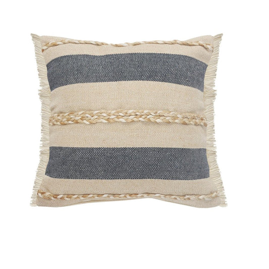 24" Beige And Blue Beach Striped Cotton Blend Throw Pillow Cover with Fringe And Texture