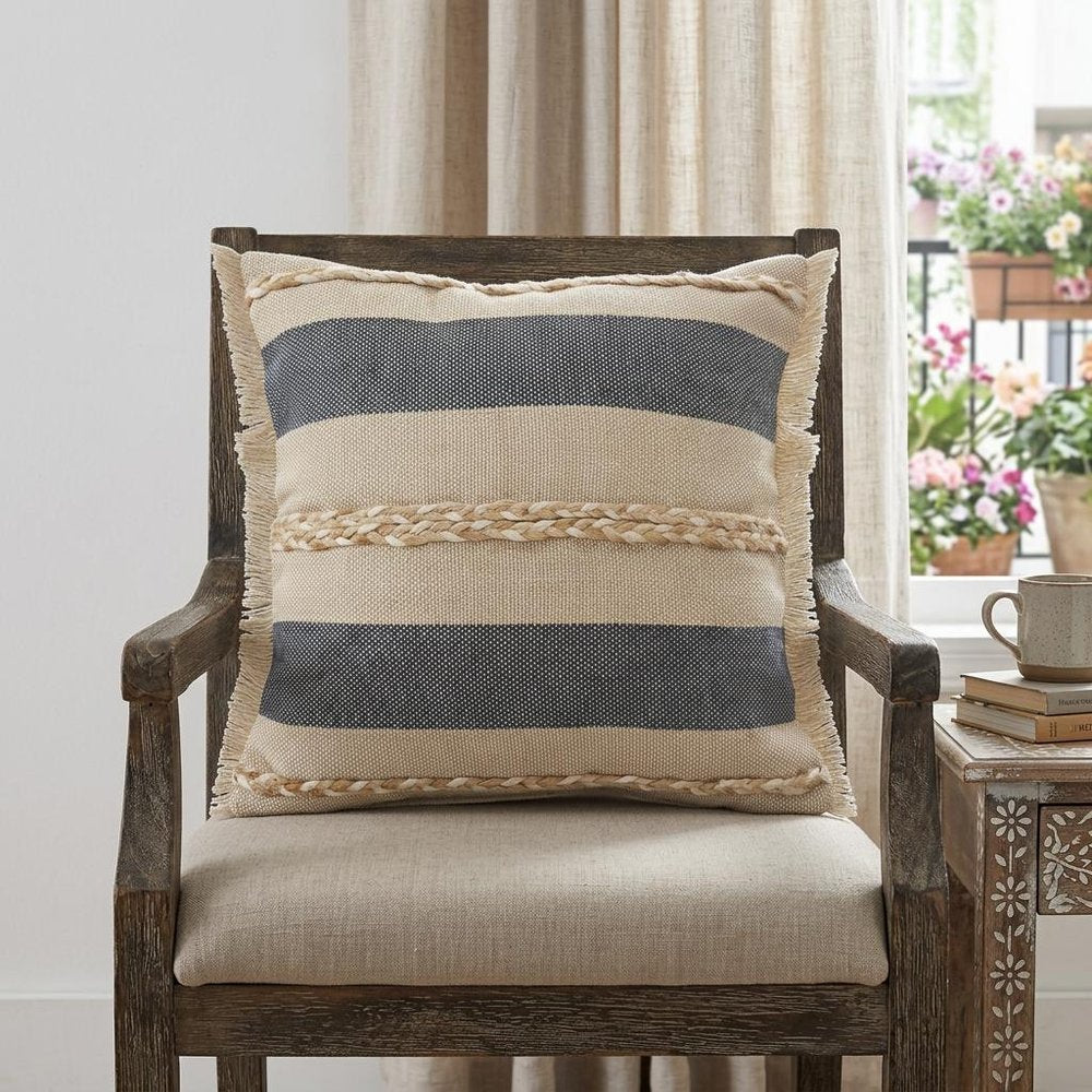 24" Beige And Blue Beach Striped Cotton Blend Throw Pillow Cover with Fringe And Texture