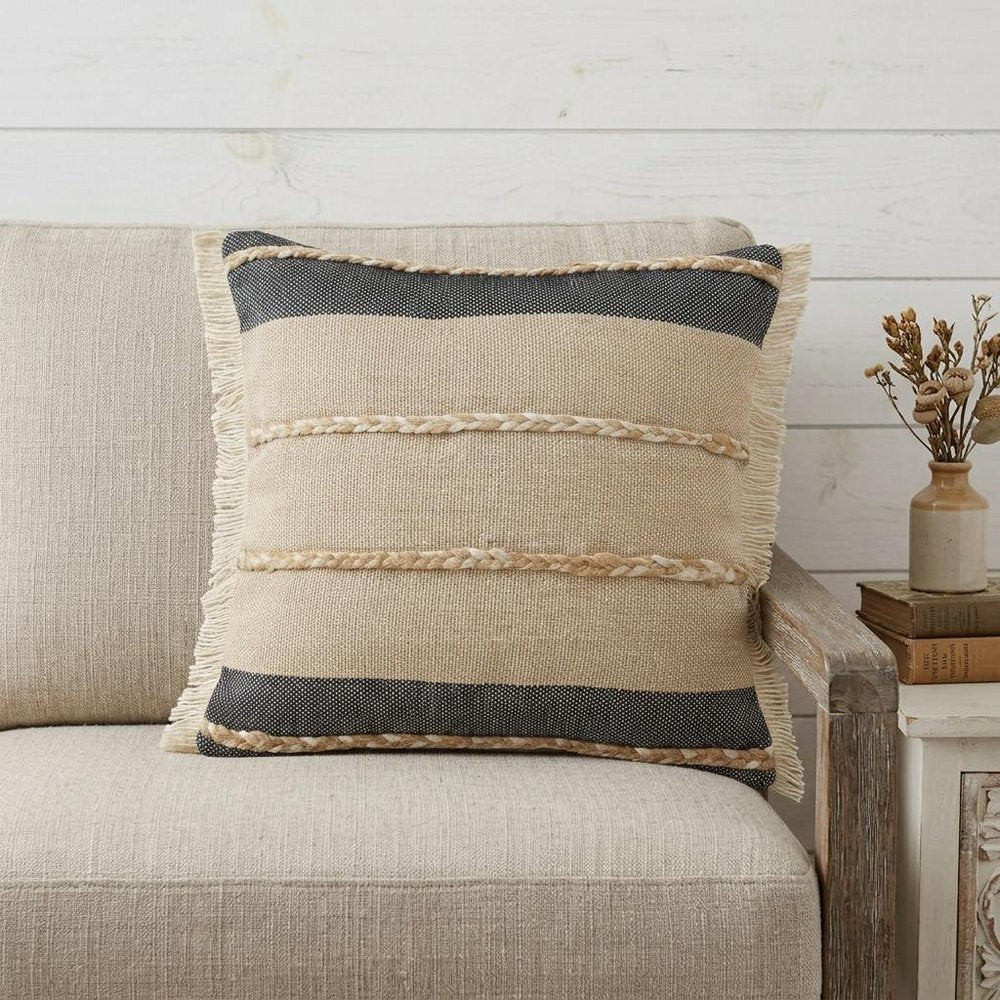 20" Beige And Black Beach Striped Cotton Blend Throw Pillow Cover with Fringe And Texture