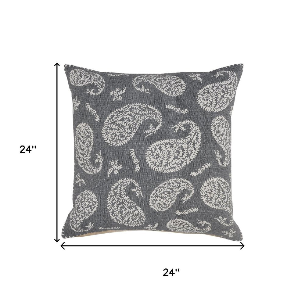 24" Gray And White Paisley Cotton Throw Pillow Cover