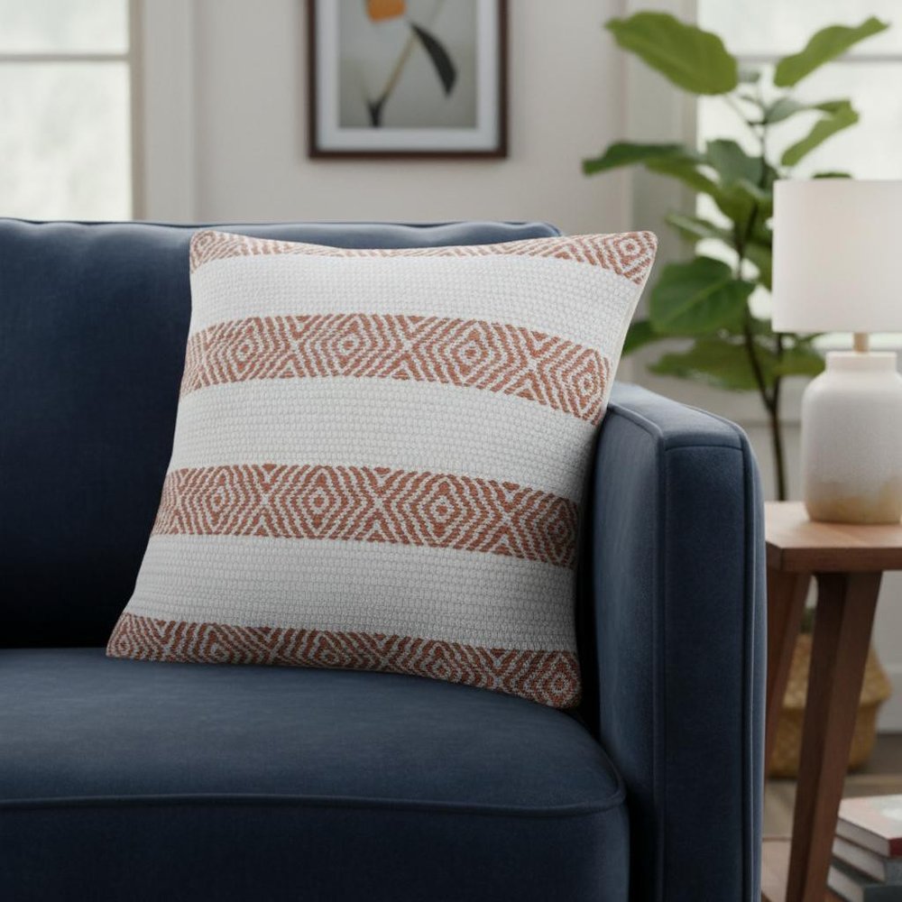 20" White And Orange Diamond Cotton Throw Pillow Cover