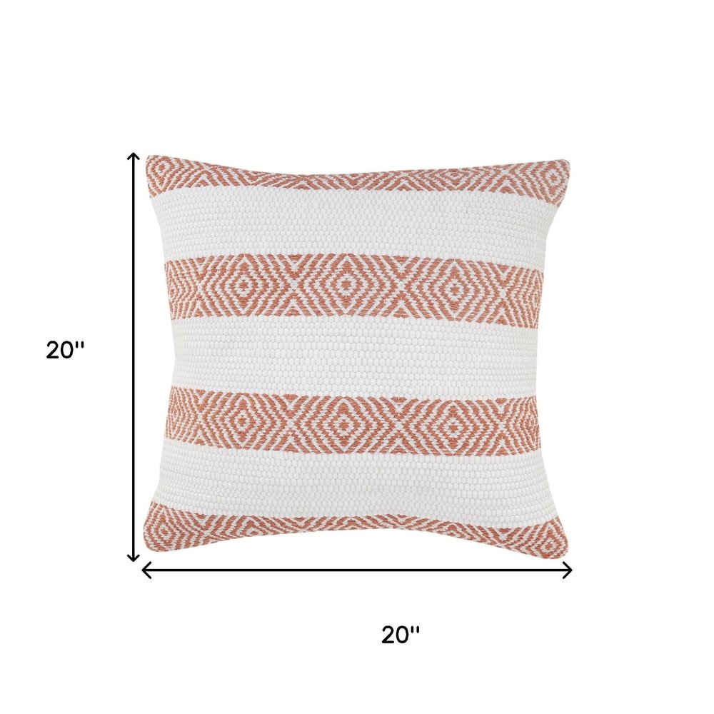 20" White And Orange Diamond Cotton Throw Pillow Cover