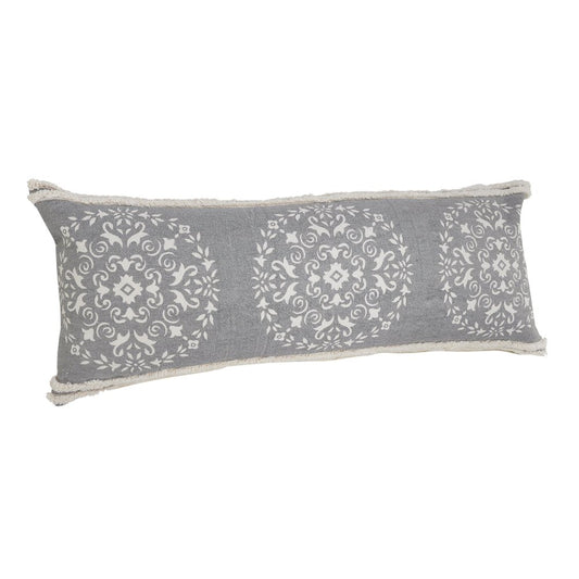14" X 36" Gray And White Lumbar Medallion Cotton Throw Pillow Cover with Texture