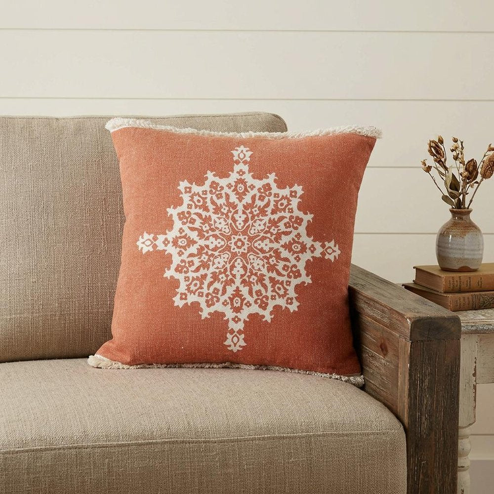 20" Orange And White Medallion Cotton Throw Pillow Cover with Texture