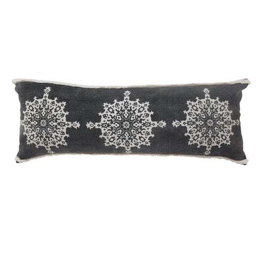 14" X 36" Charcoal White And Cream Lumbar Medallion Cotton Throw Pillow Cover with Tufts