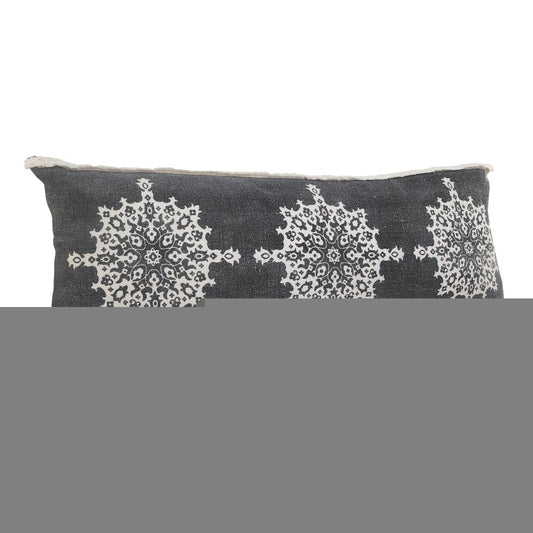 14" X 36" Charcoal White And Cream Lumbar Medallion Cotton Throw Pillow Cover with Tufts