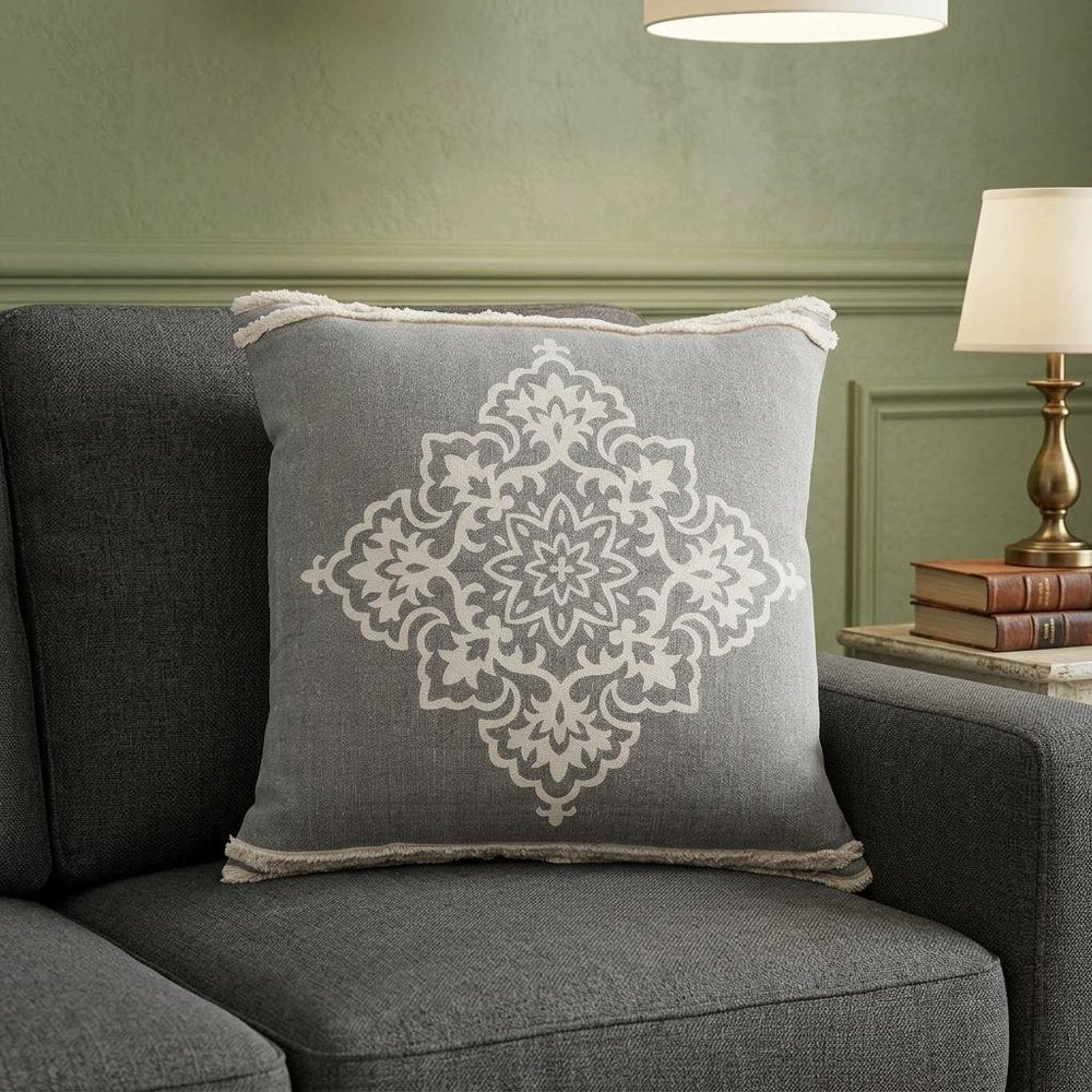 24" Gray And White Medallion Cotton Throw Pillow Cover with Texture