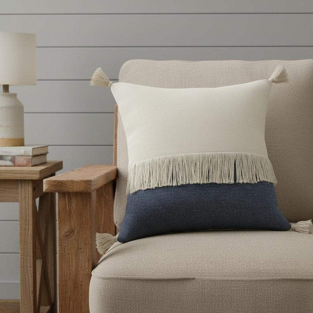 20" Denim Blue And Off White Beach Cotton Throw Pillow Cover with Tassels