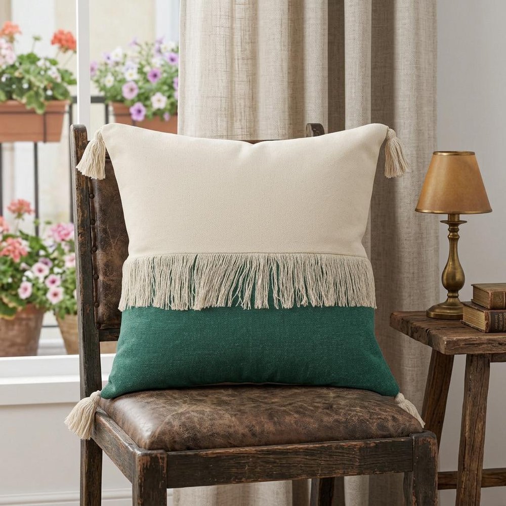 20" Green And Off White Beach Cotton Throw Pillow Cover with Tassels